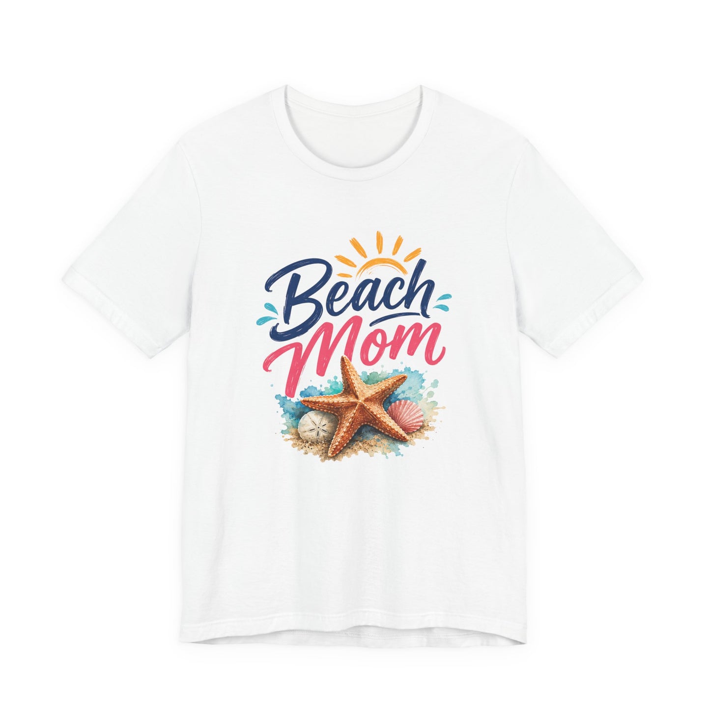 White t-shirt with 'Beach Mom' design featuring a starfish and seashells on a white background