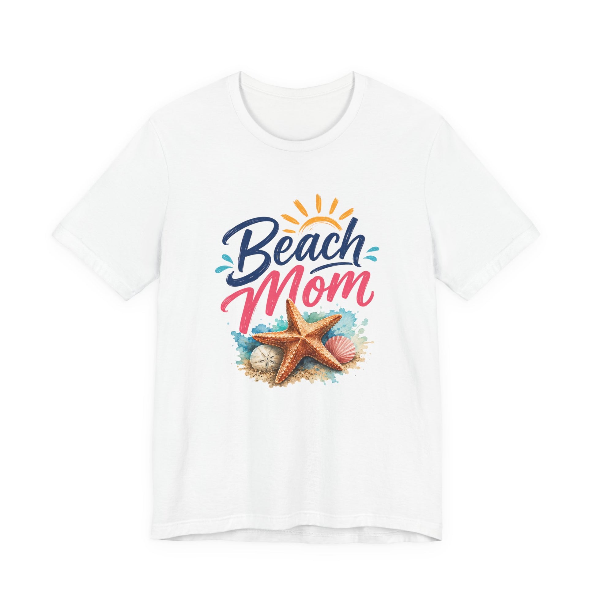 White t-shirt with 'Beach Mom' design featuring a starfish and seashells on a white background