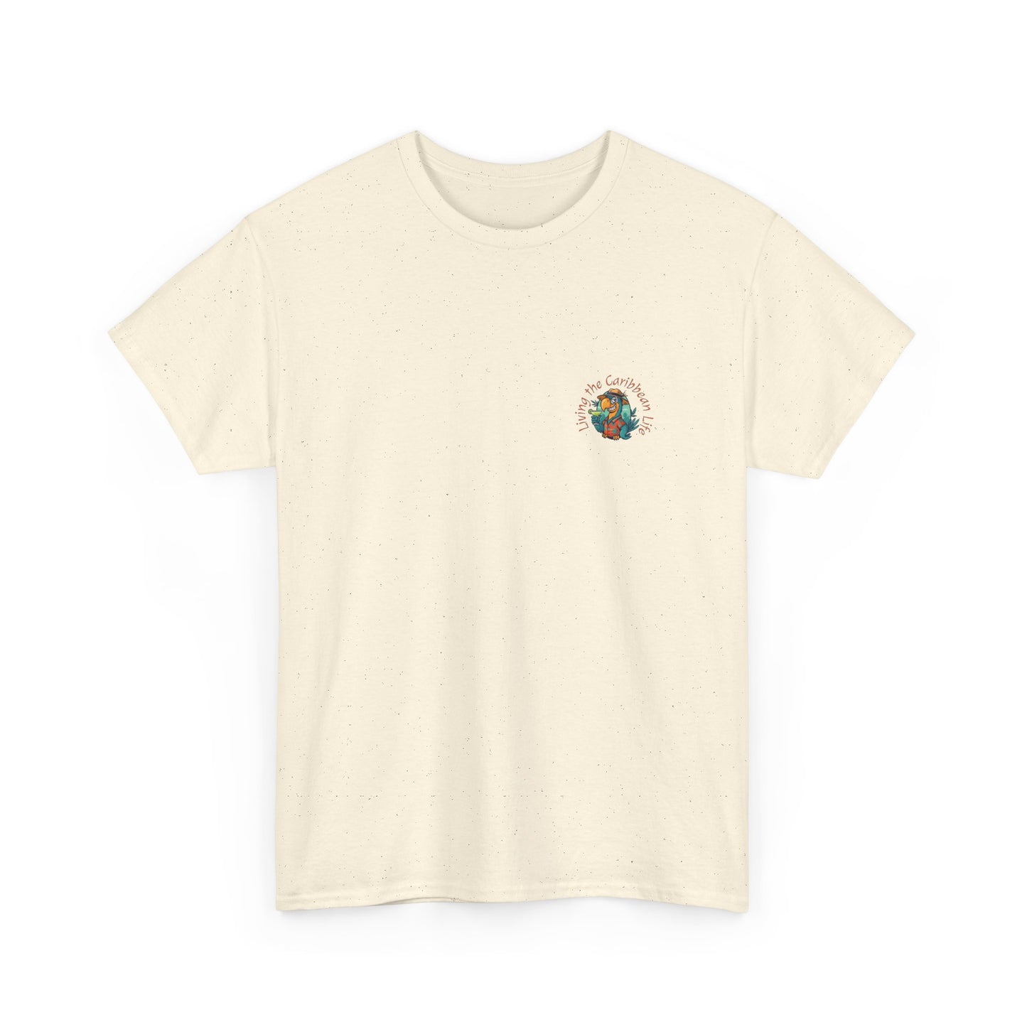 Beige t-shirt with a colorful graphic on a white background