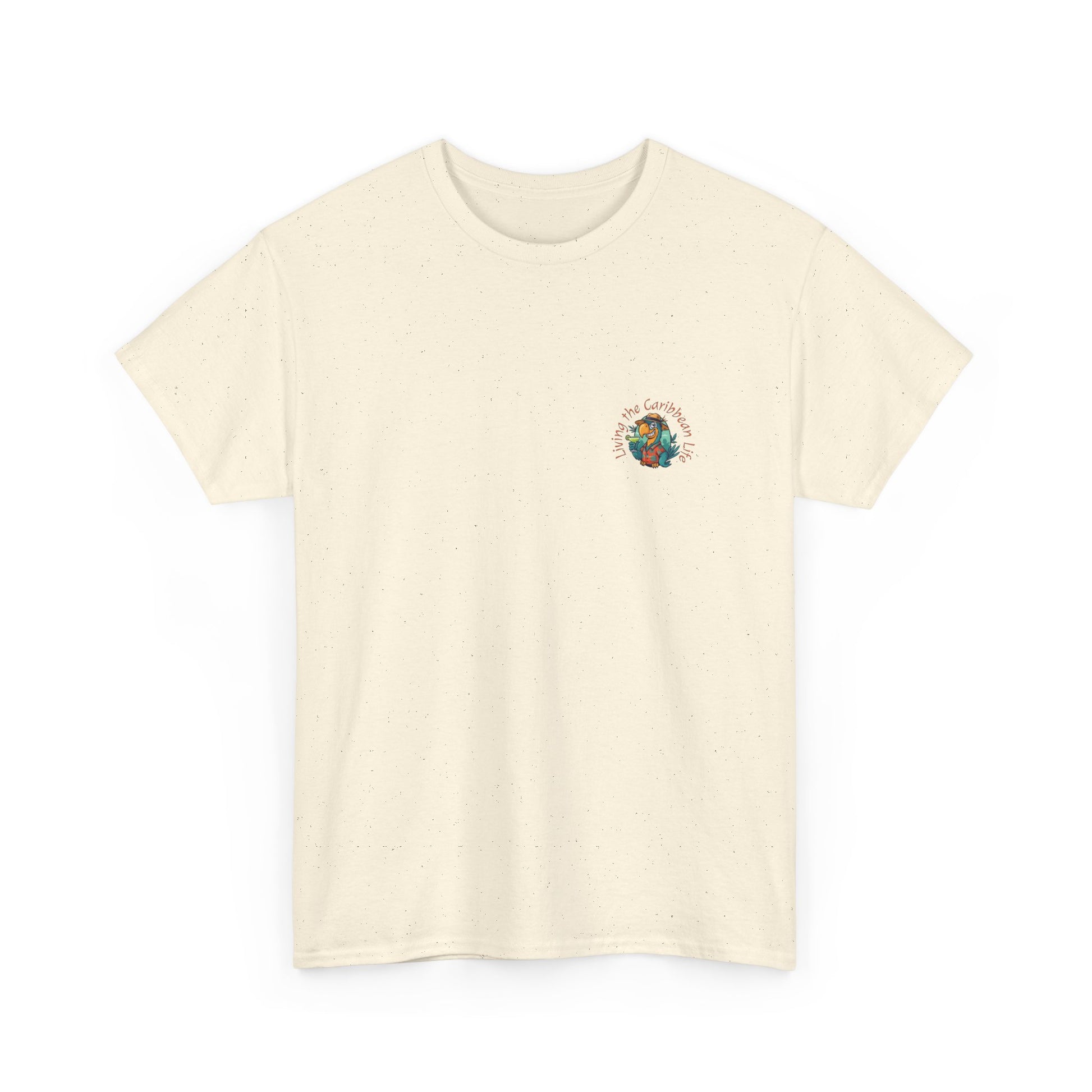 Beige t-shirt with a colorful graphic on a white background