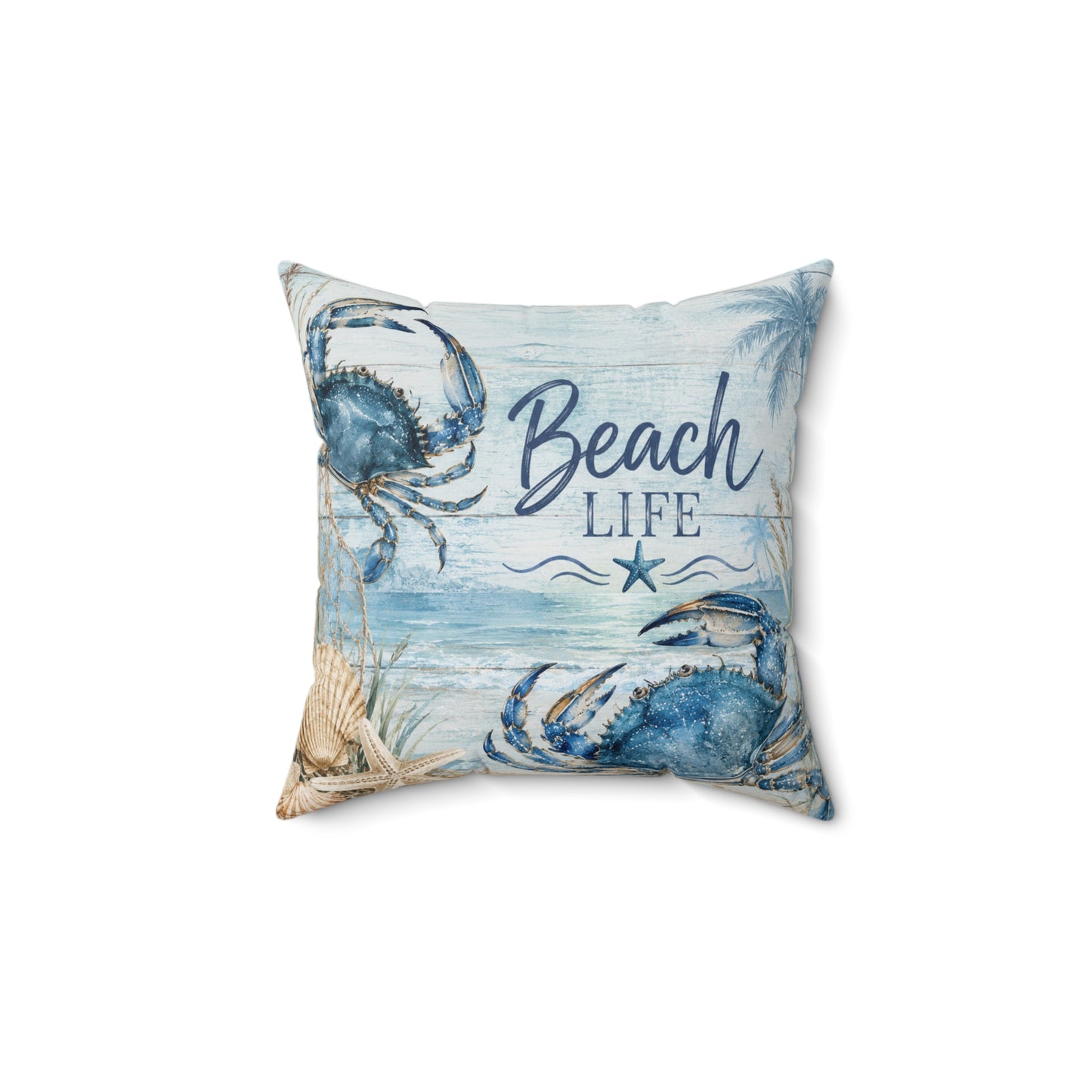 A square decorative throw pillow featuring a blue and beige 'Beach Life' nautical print with crabs and palm leaves on a white background.