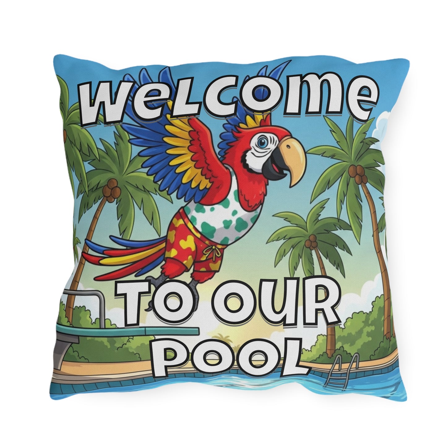 Welcome To Our Pool Outdoor Pillow — Tropical Parrot Poolside Decorative Cushion