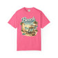Bright Pink t-shirt with 'Beach Therapy' design featuring a beach scene on a white background