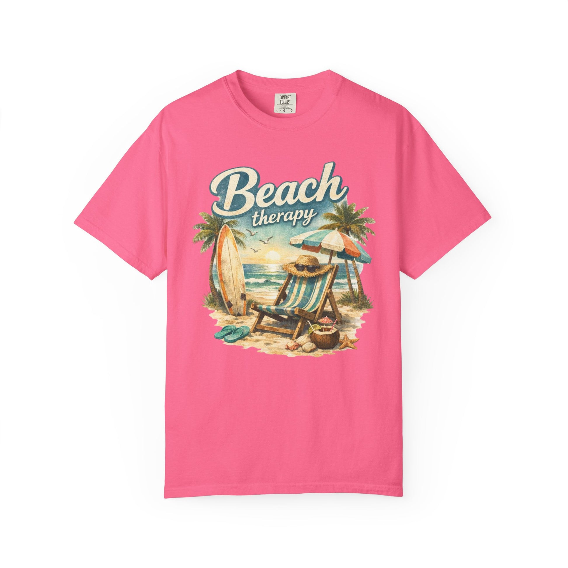 Bright Pink t-shirt with 'Beach Therapy' design featuring a beach scene on a white background