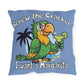 Pillow with a parrot holding a margarita and text on a blue background
