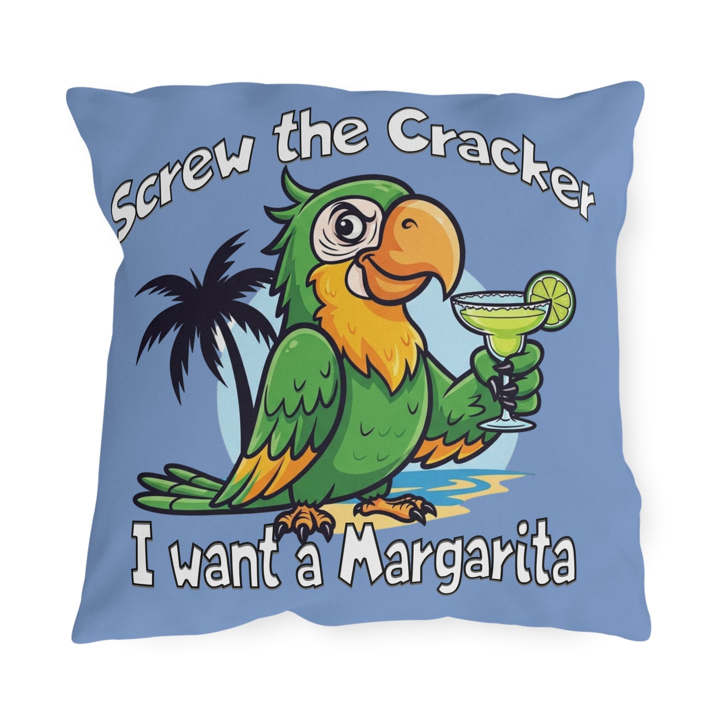 Pillow with a parrot holding a margarita and text on a blue background