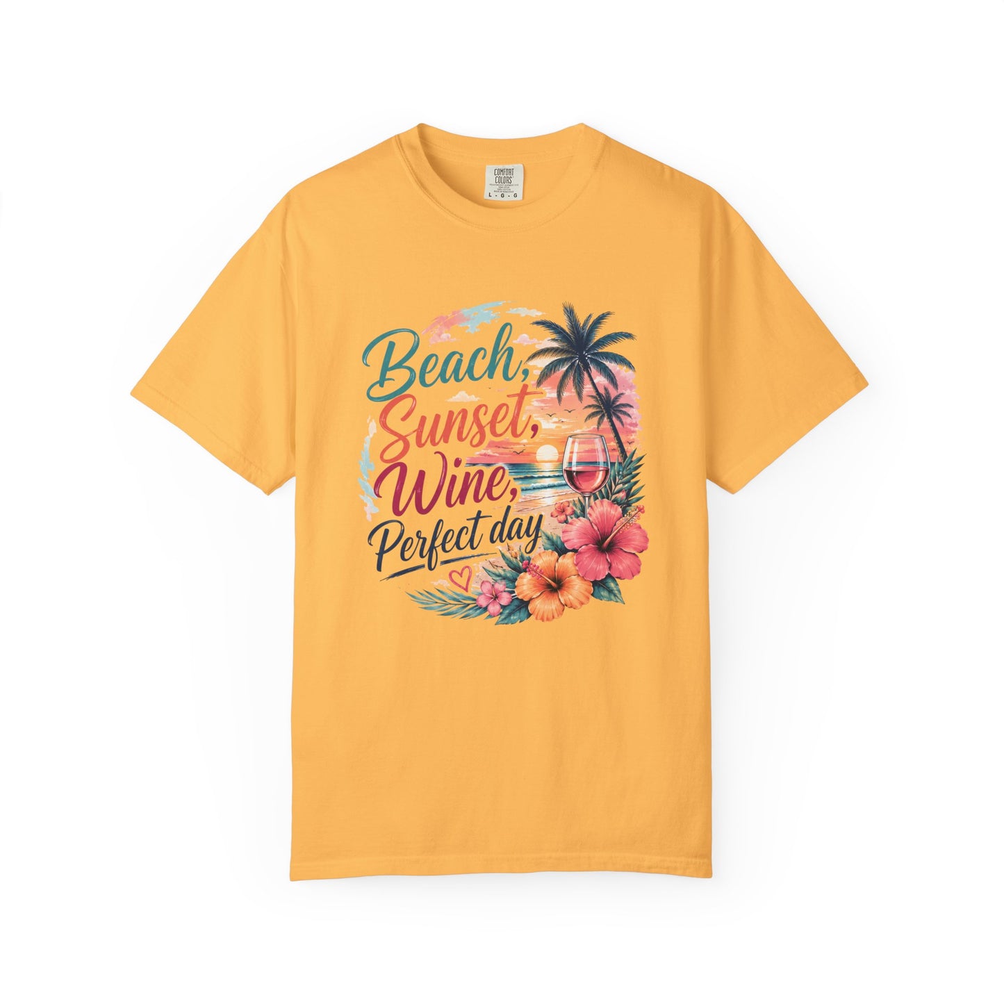 Beach Sunset Wine T-Shirt — "Beach, Sunset, Wine, Perfect Day" Tropical Graphic Tee