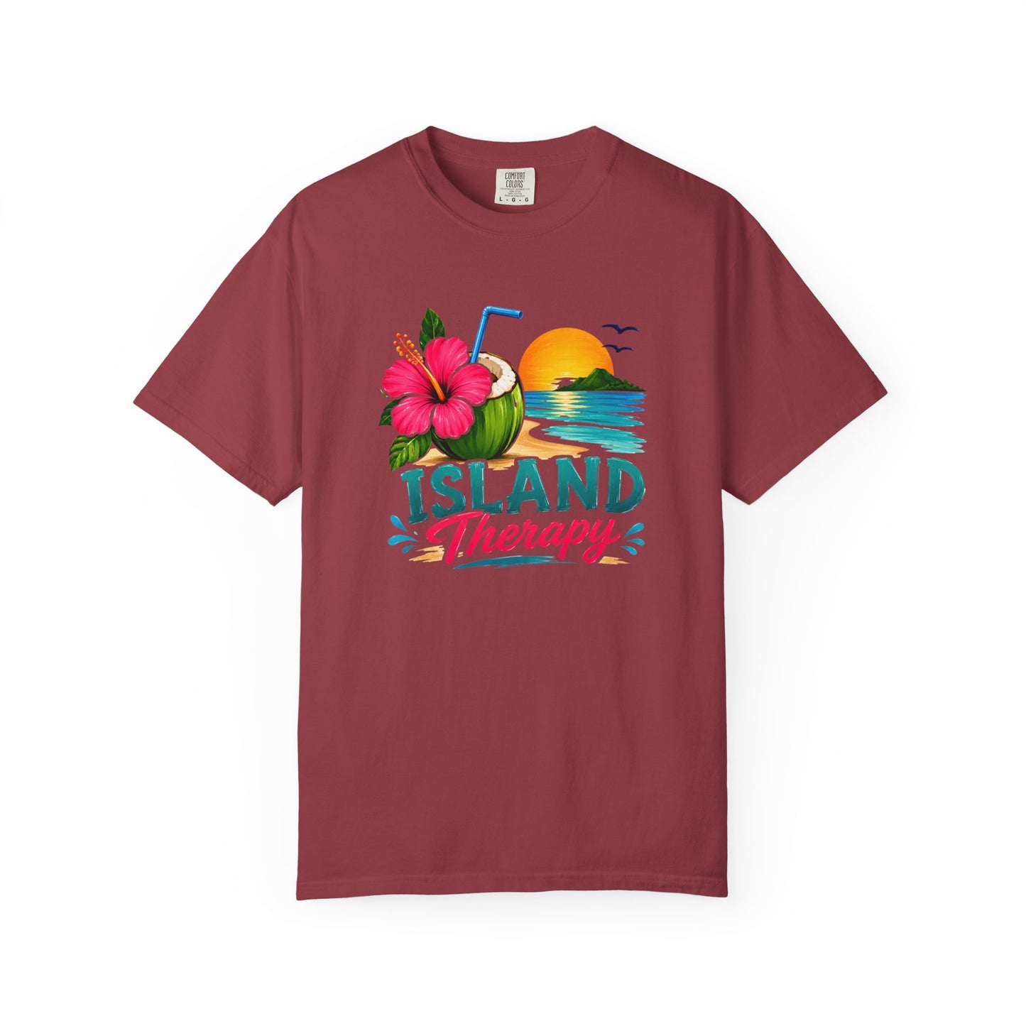 Island Therapy T‑Shirt — Tropical Sunset Coconut Drink Beach Tee