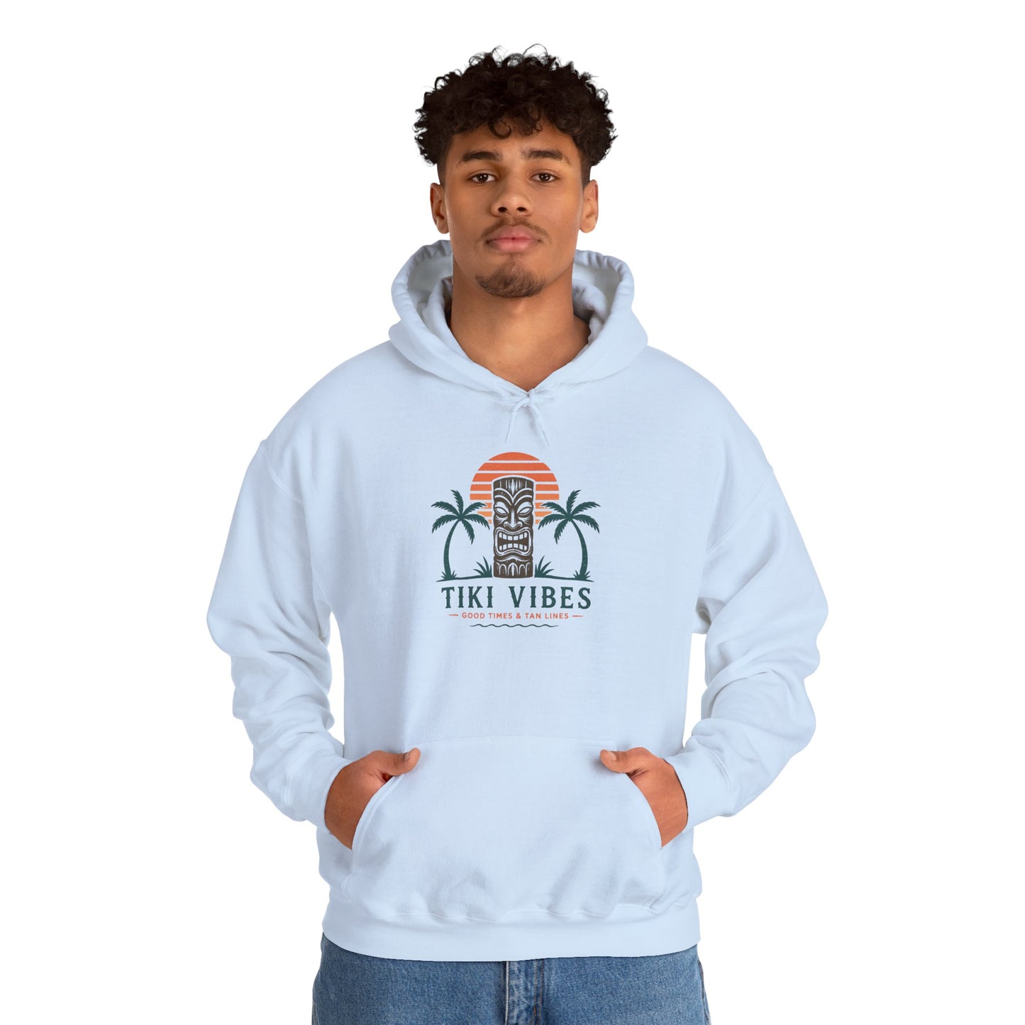 Tiki Vibes Hoodie — Retro Sunset Palm Tree Sweatshirt