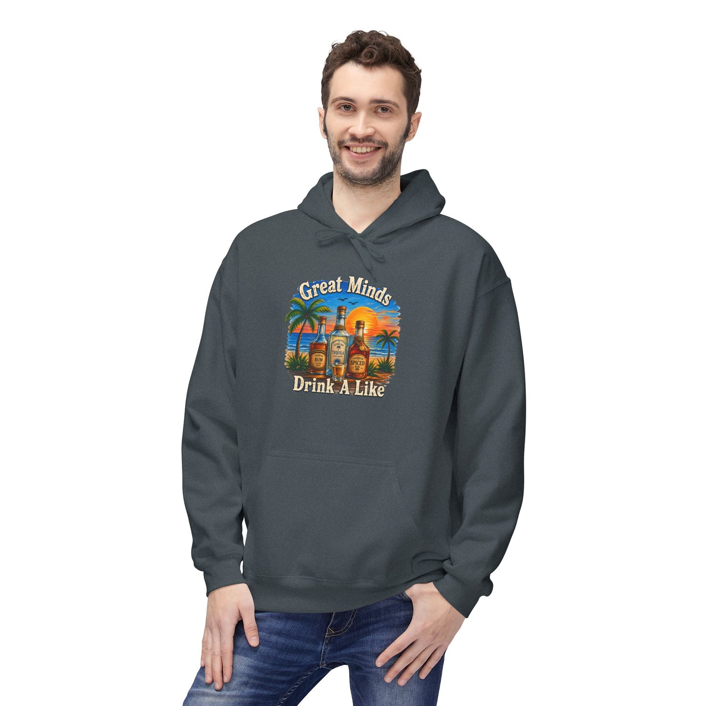 Great Minds Drink Alike Hoodie — Tropical Sunset Palm Beach Graphic Sweatshirt