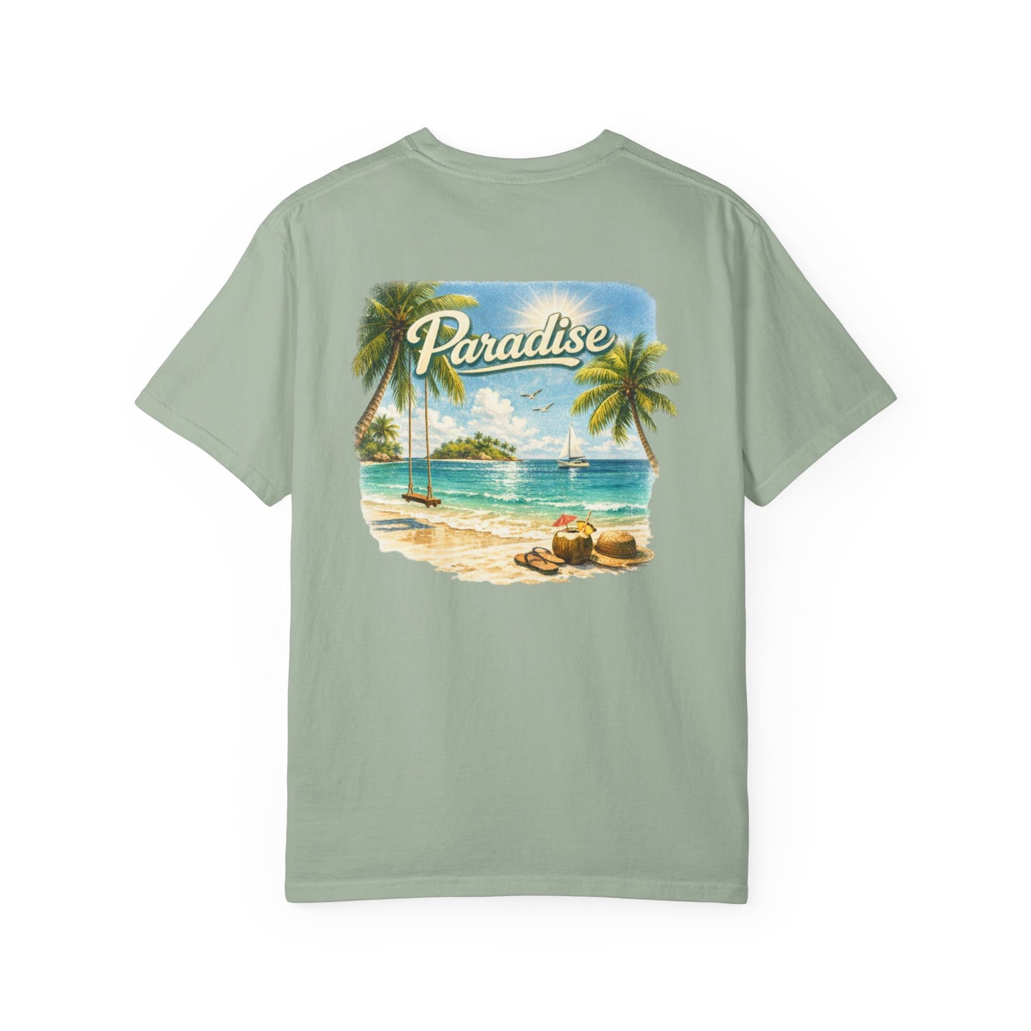 Light green t-shirt with a beach graphic and 'Paradise' text on a white background