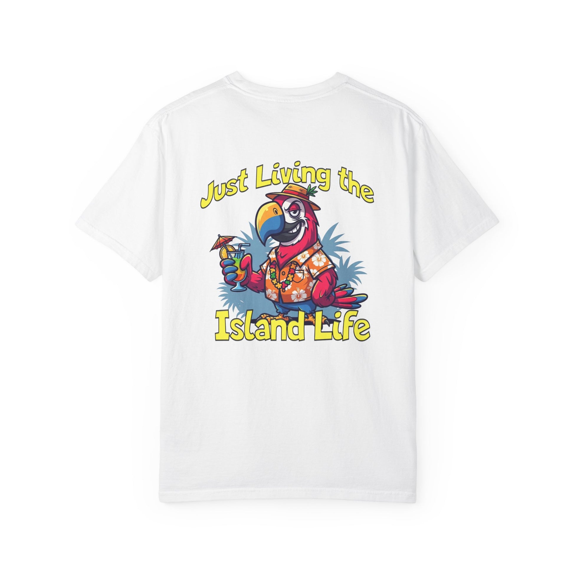 White t-shirt with a colorful parrot graphic and 'Just Living the Island Life' text on a white background