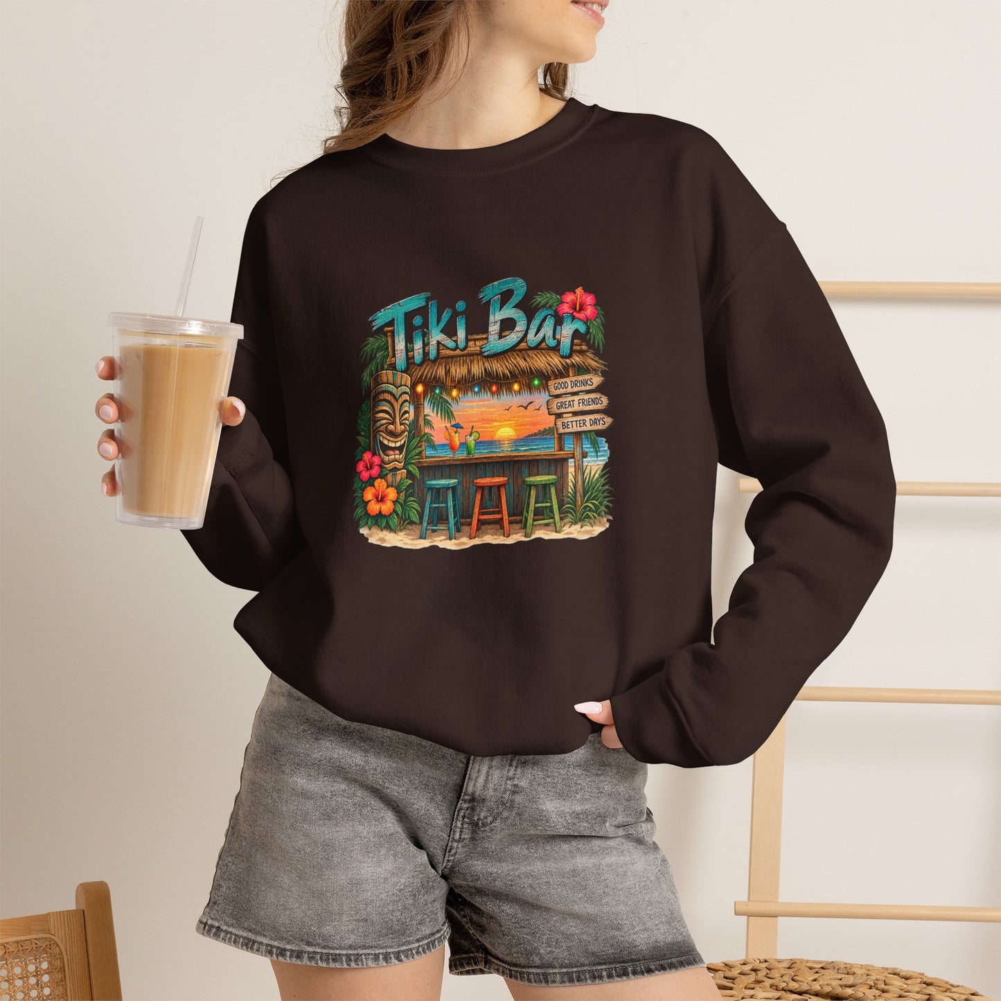 Tiki Bar Crewneck Sweatshirt — Retro Tropical Sunset Design
