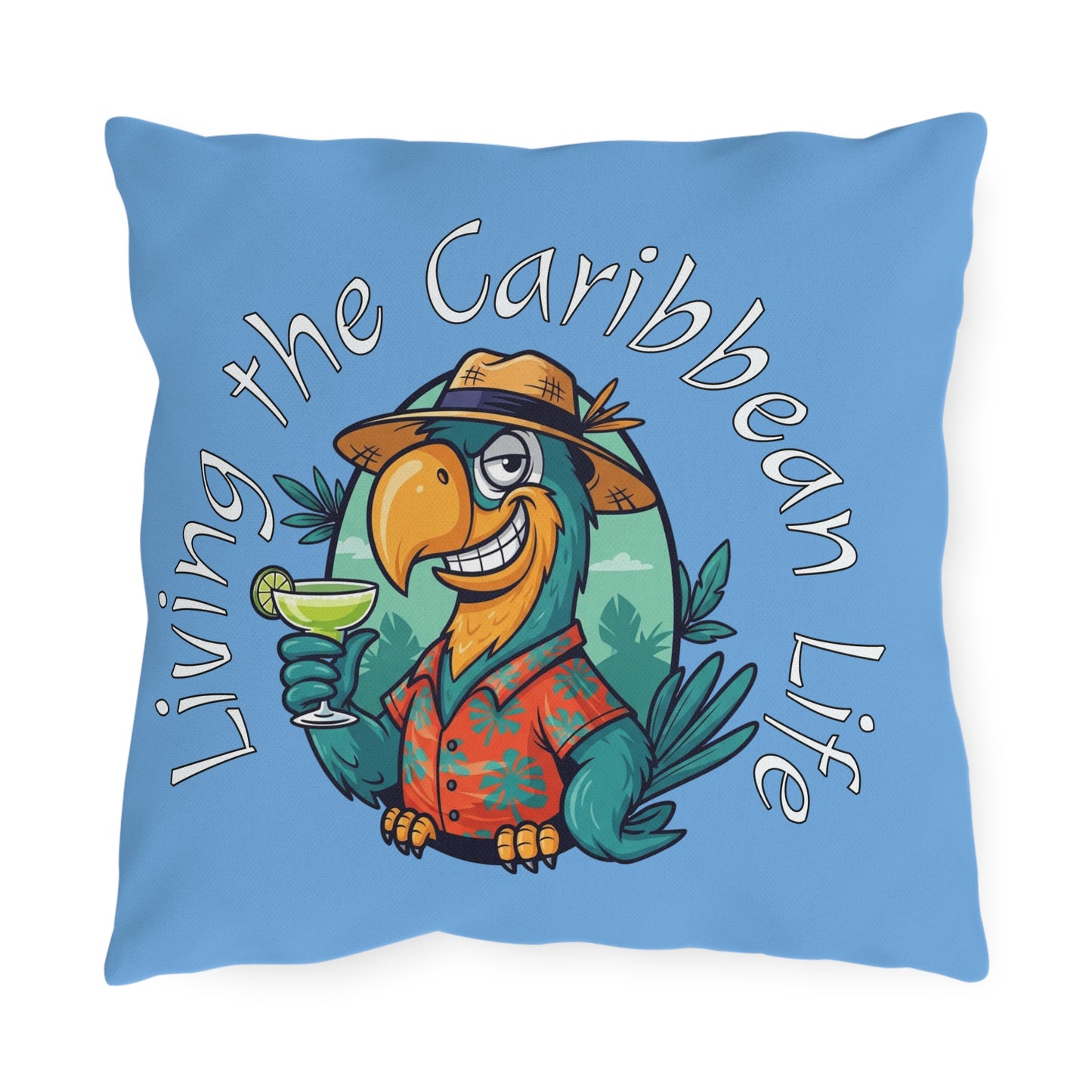 Pillow with a parrot design and 'Living the Caribbean Life' text on a blue background