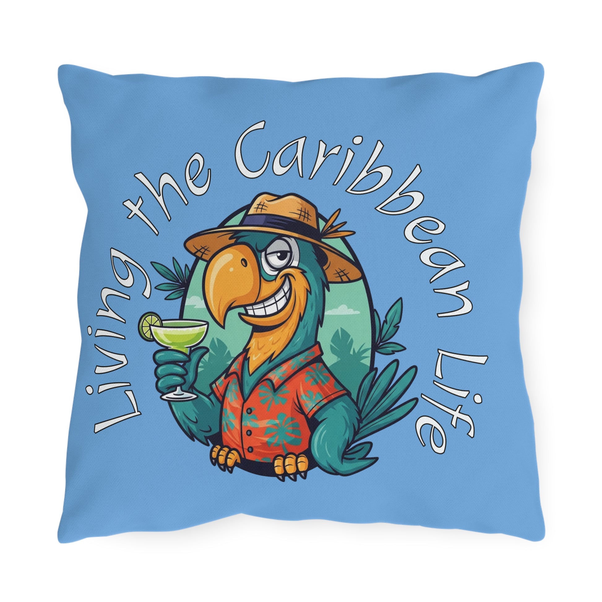 Pillow with a parrot design and 'Living the Caribbean Life' text on a blue background