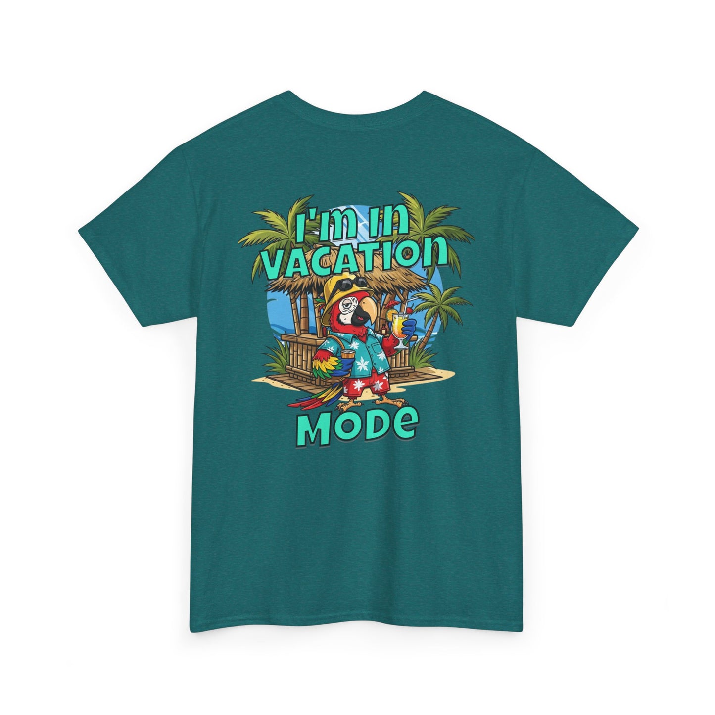 Teal t-shirt with a tropical graphic and 'I'm in Vacation Mode' text on a white background
