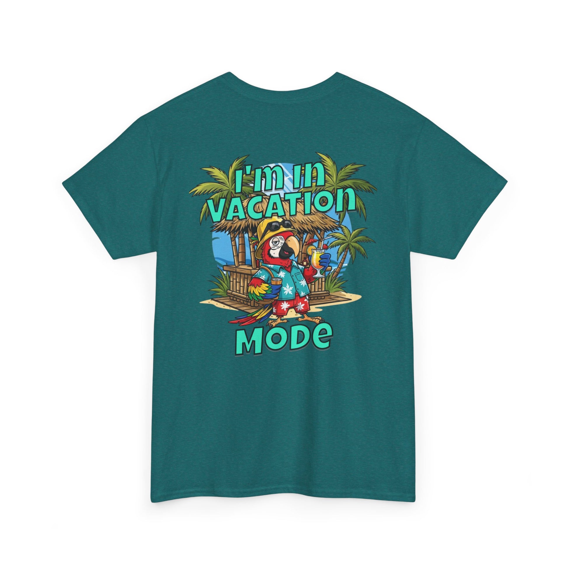 Teal t-shirt with a tropical graphic and 'I'm in Vacation Mode' text on a white background