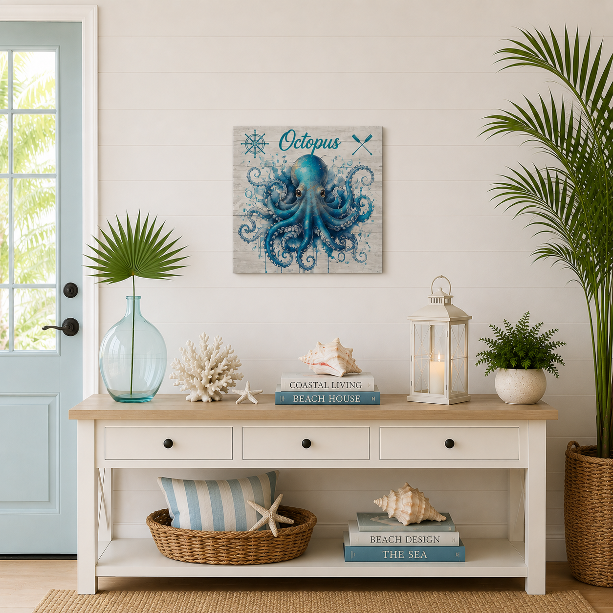 Nautical-themed decor in a room with a blue octopus painting, books, and plants.