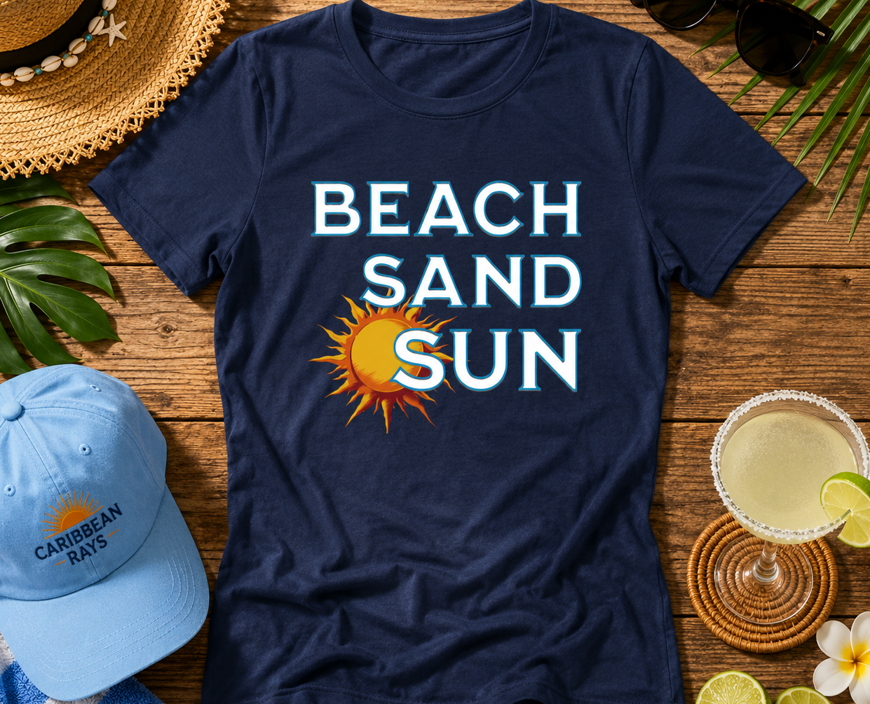 Navy blue t-shirt with 'Beach Sand Sun' design on a wooden surface with beach accessories.