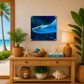 Nautical-themed room with a wooden console table, decorative items, and a beach view.