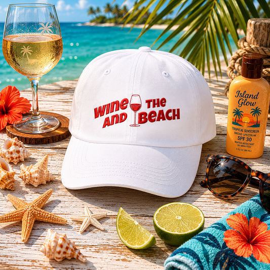 "Wine and the Beach" Embroidered Baseball Hat