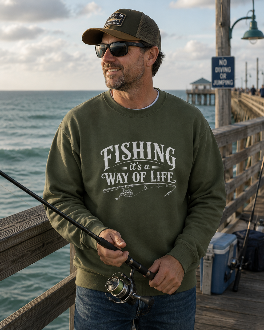 A man wearing an olive green crewneck sweatshirt with the text 'FISHING it's a WAY OF LIFE' stands on a wooden pier holding a fishing rod, with the ocean and sky in the background.