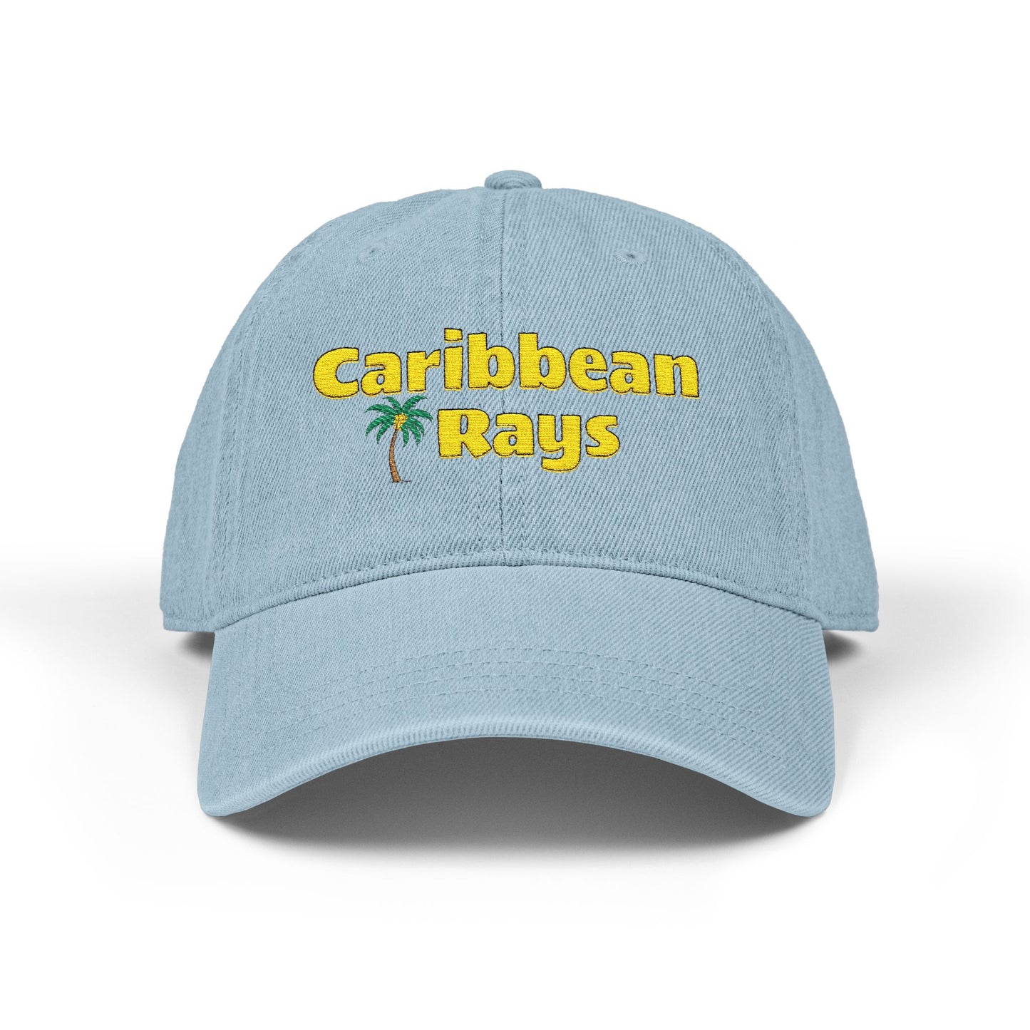 Light blue cap with 'Caribbean Rays' text and palm tree on a white background