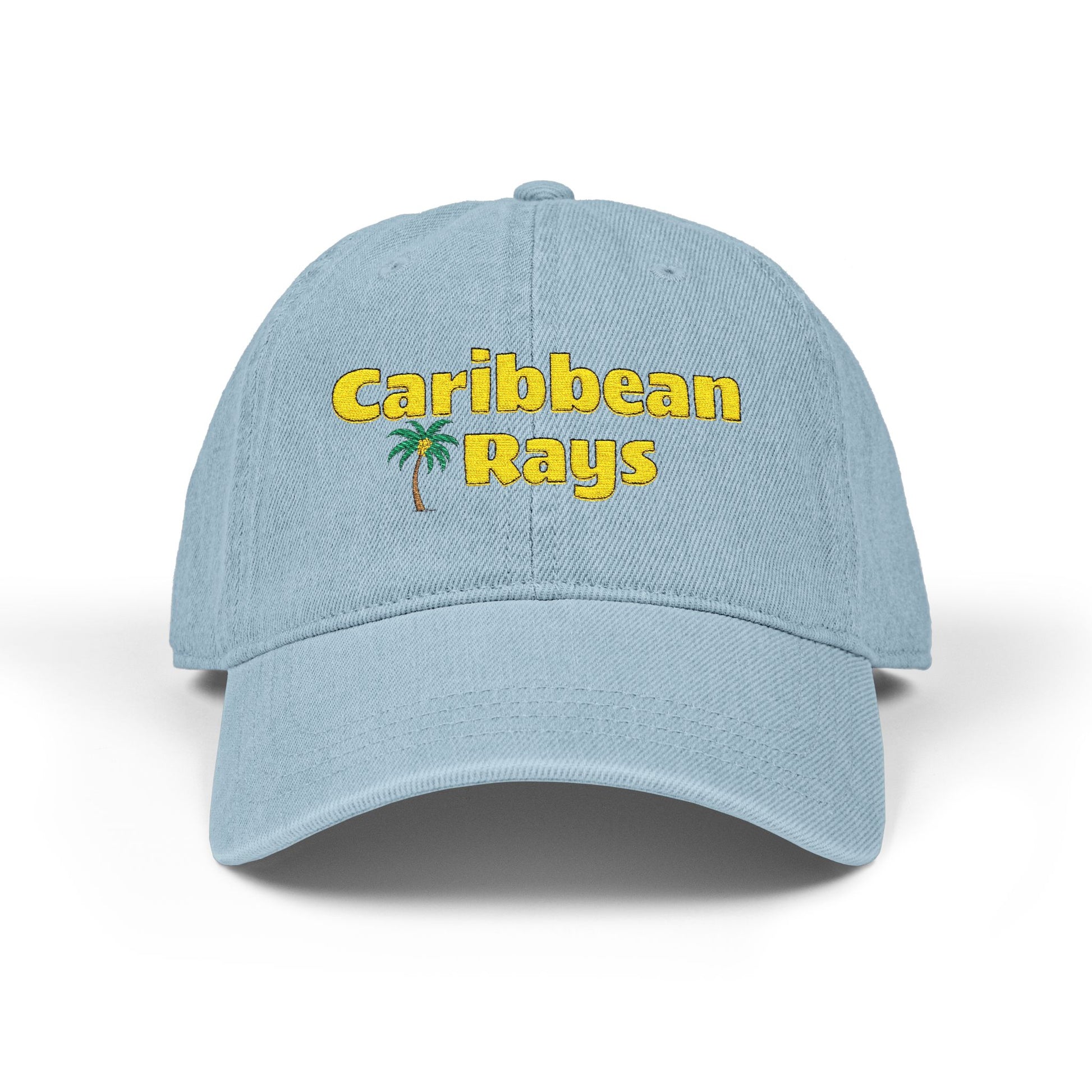 Light blue cap with 'Caribbean Rays' text and palm tree on a white background