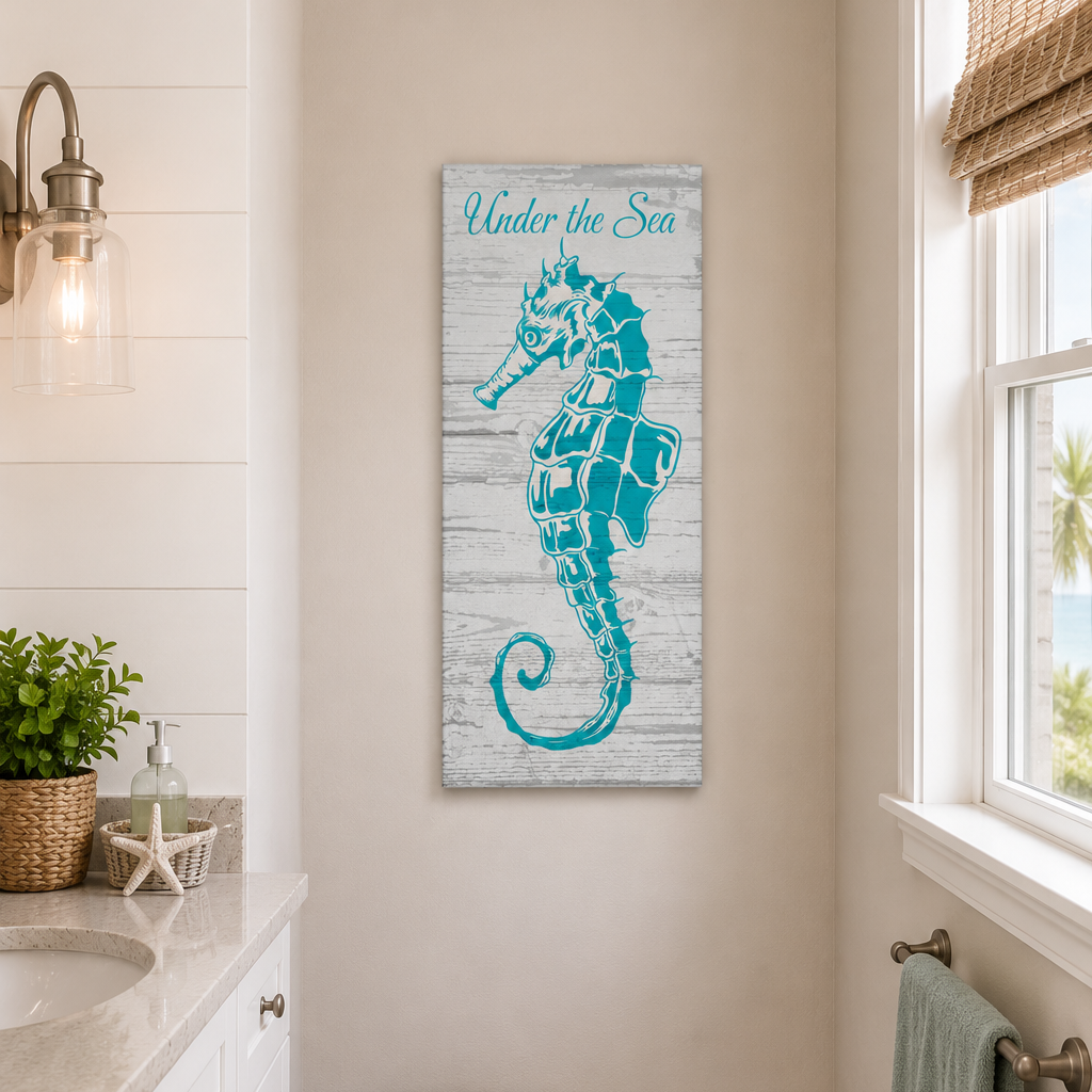 Bathroom with a decorative seahorse wall art piece.