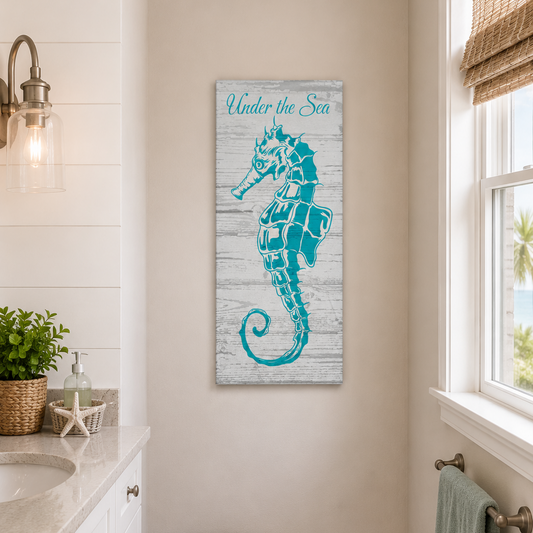 Bathroom with a decorative seahorse wall art piece.