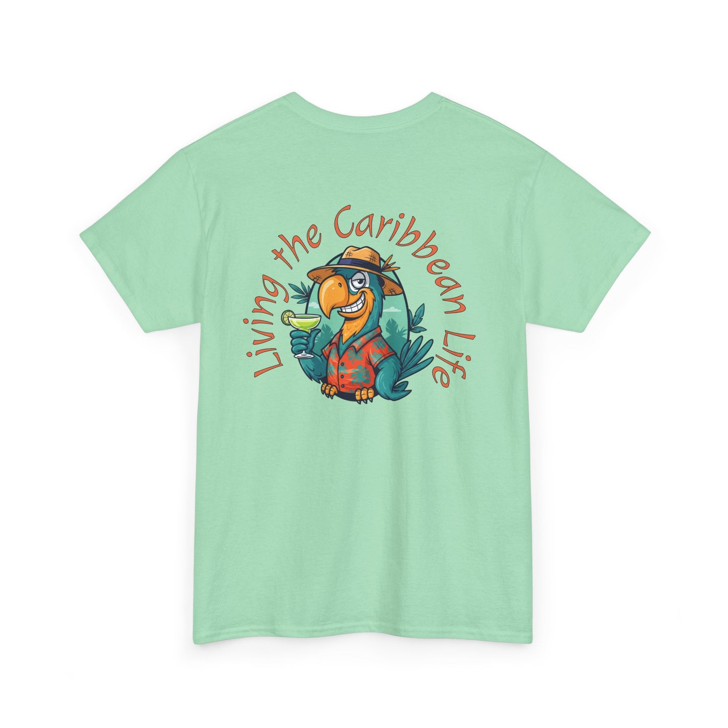 Light green t-shirt with a parrot graphic and text 'Living the Caribbean Life' on a white background