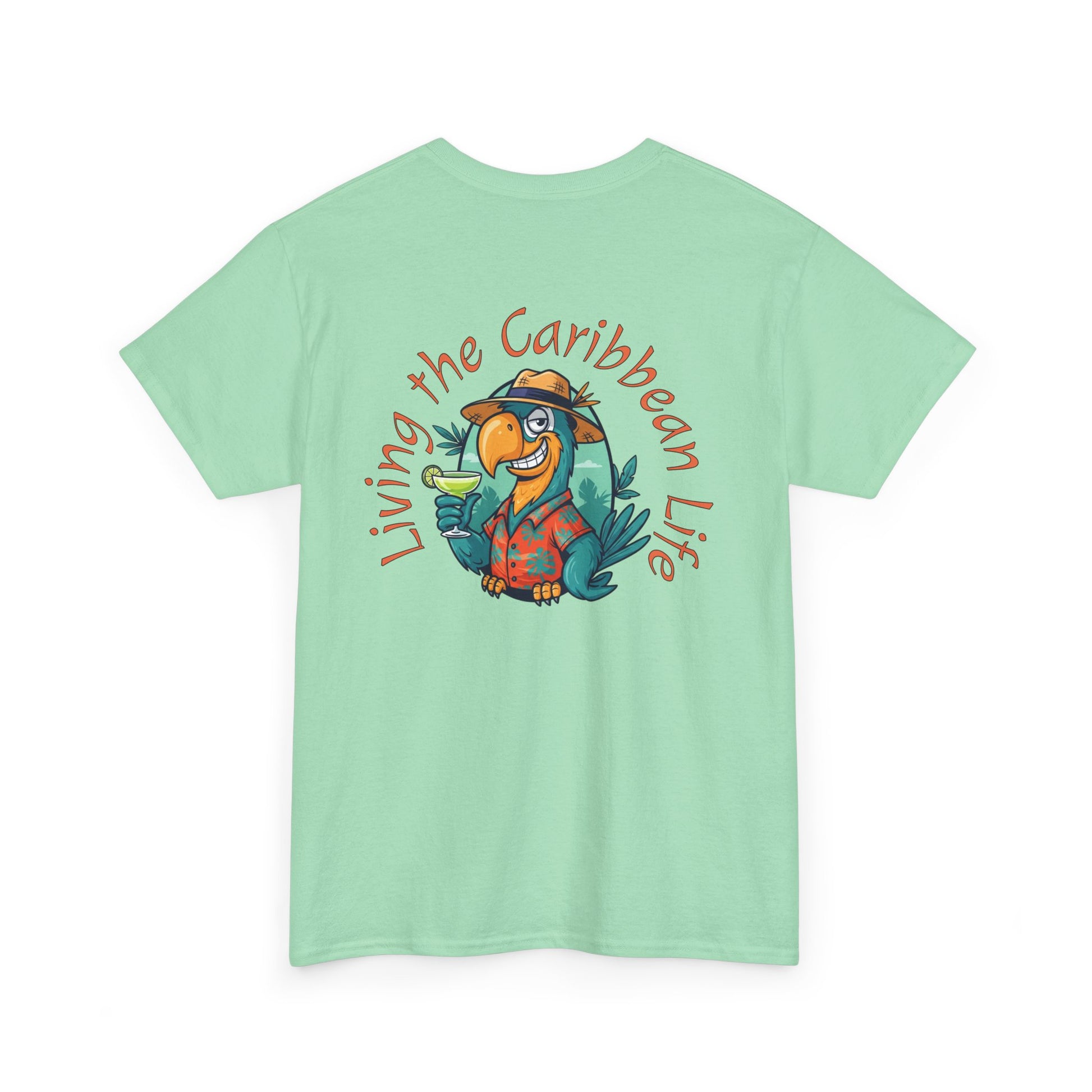 Light green t-shirt with a parrot graphic and text 'Living the Caribbean Life' on a white background