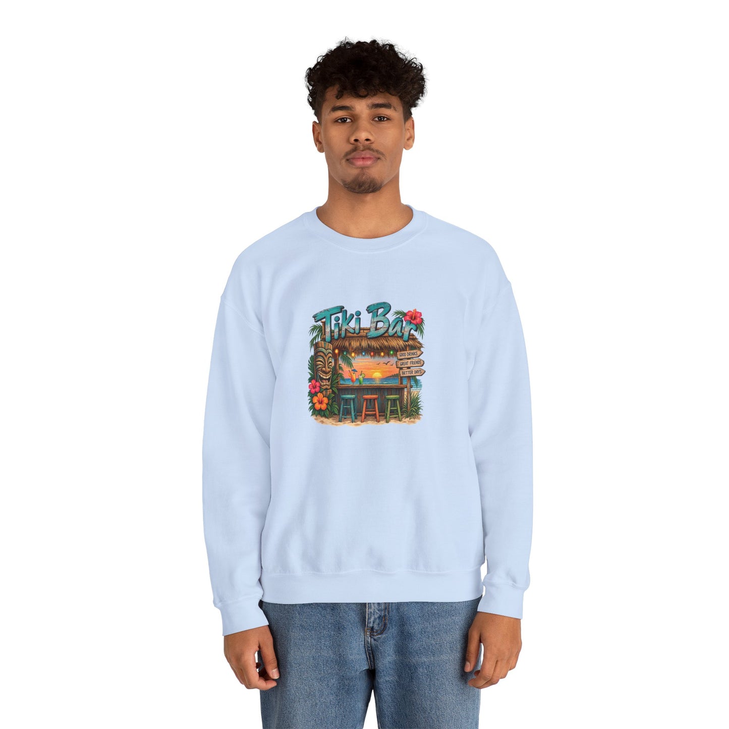 Tiki Bar Crewneck Sweatshirt — Retro Tropical Sunset Design