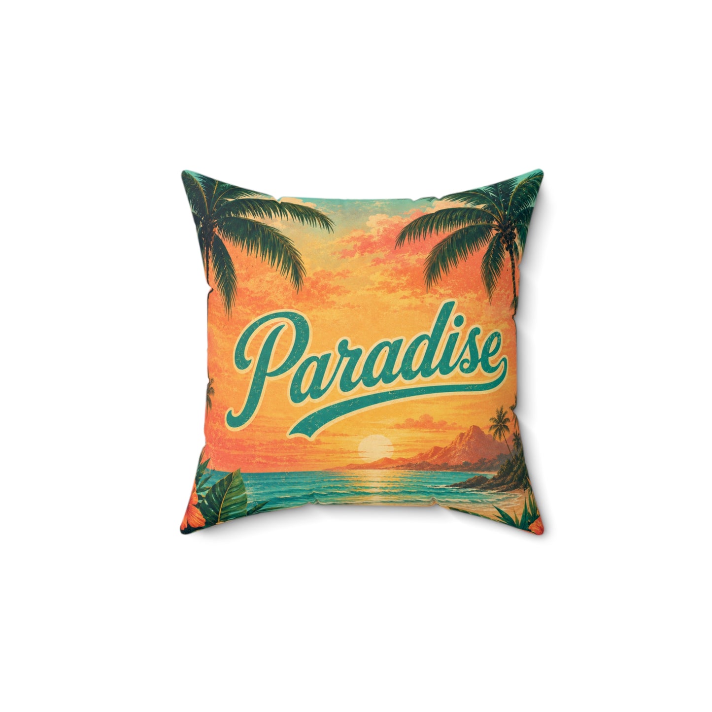 Square polyester pillow showing full 'Paradise' text and coastal landscape print