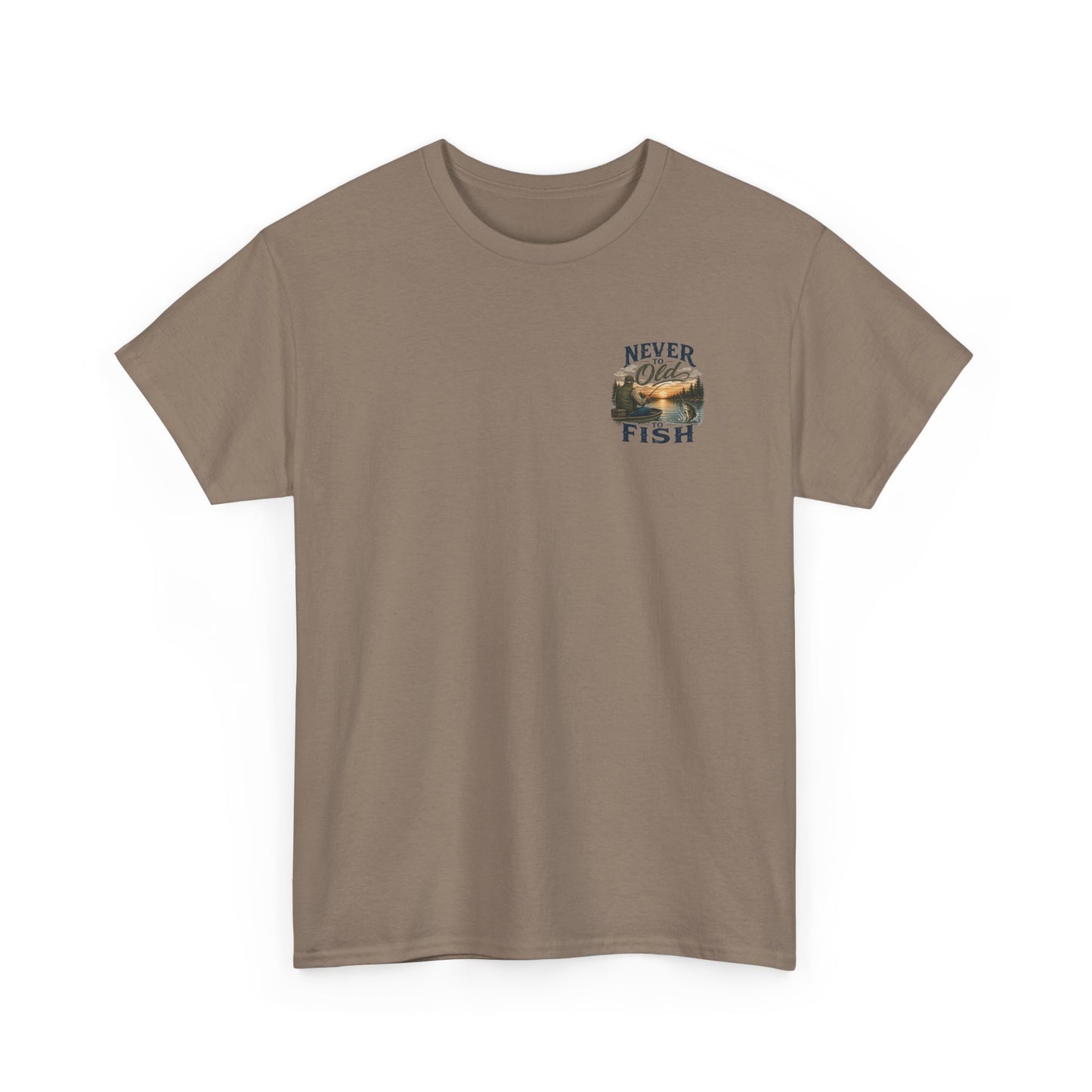 T-Shirt — "Never Too Old to Fish" Fishing Tee (Sunset Lake Design)