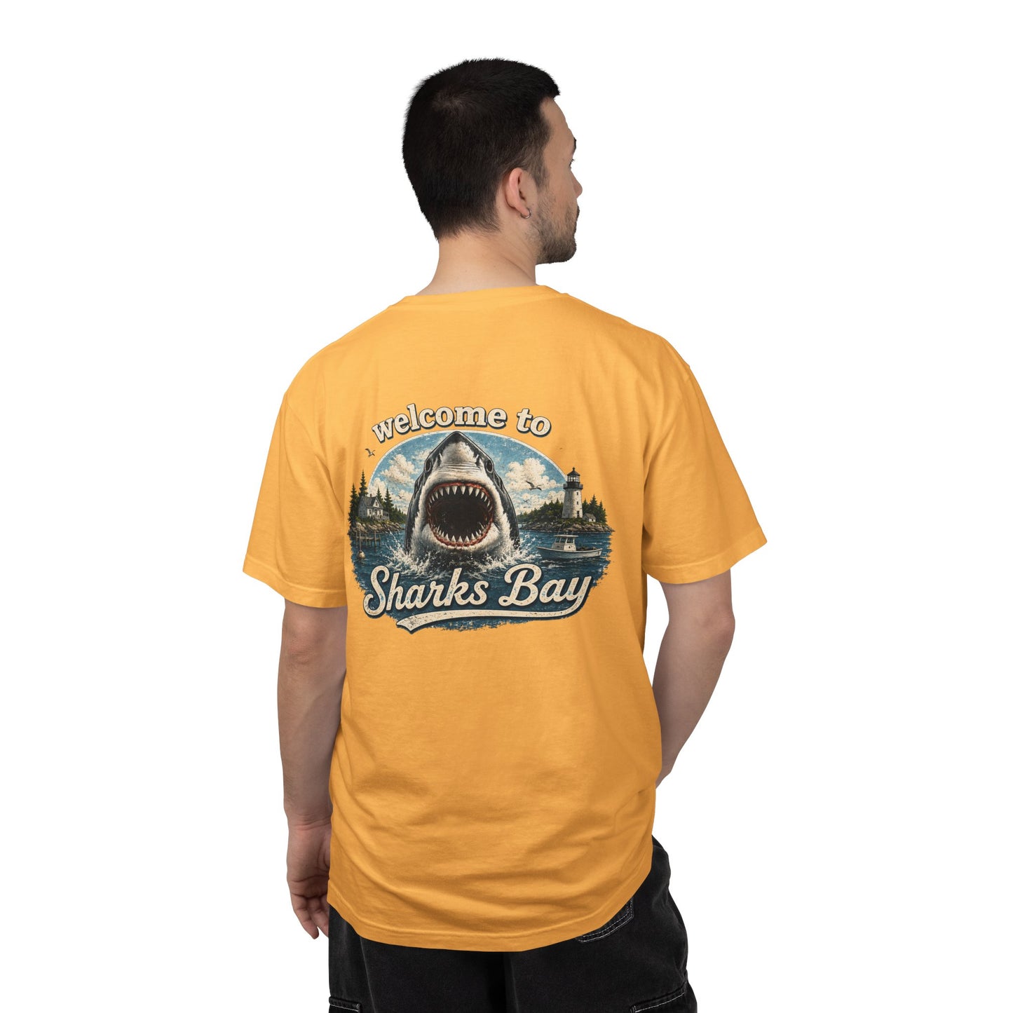 Sharks Bay T-Shirt — "Welcome to Sharks Bay" Vintage Shark Graphic Tee