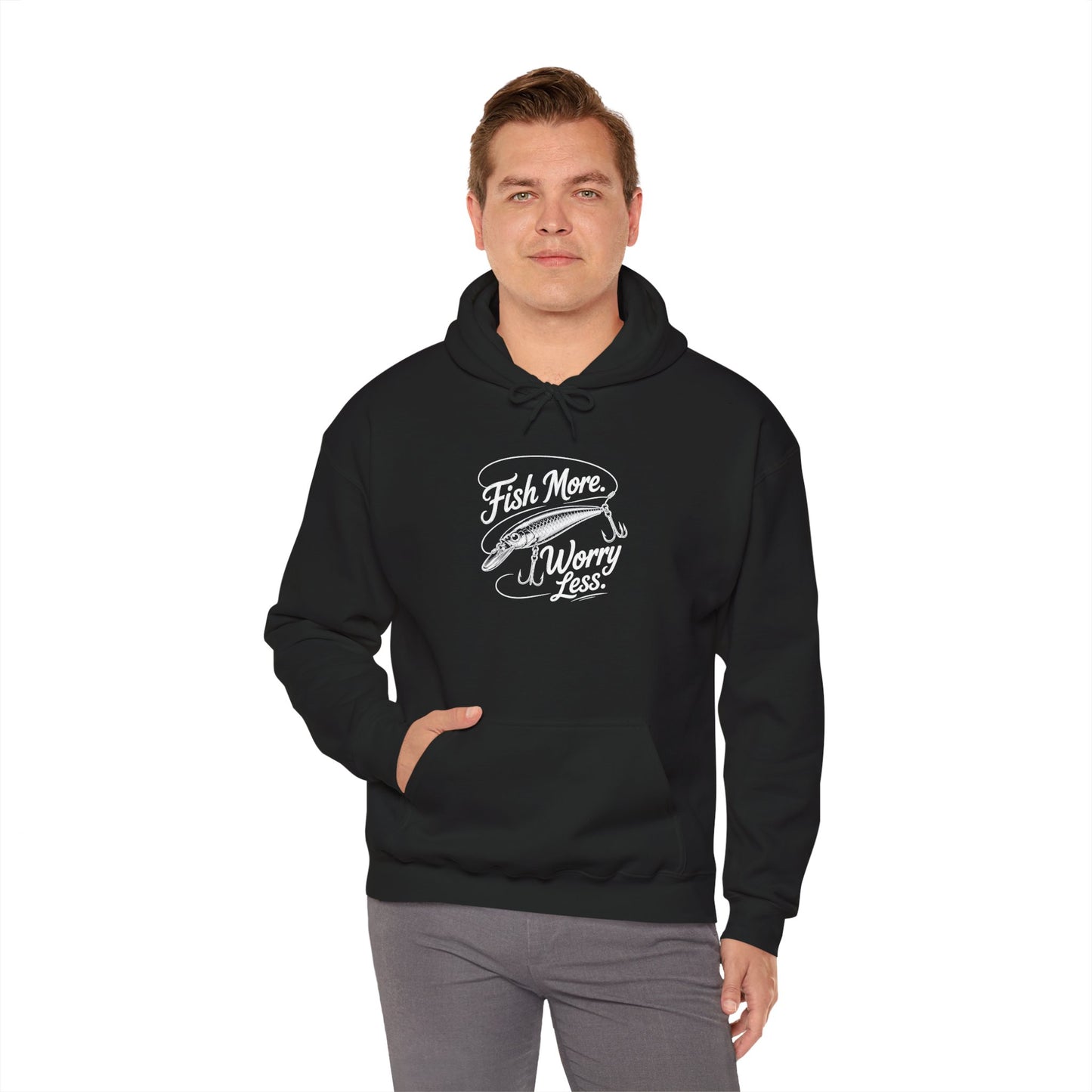 Fishing Hoodie - "Fish More Worry Less" Graphic Pullover