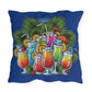 Pillow with colorful tropical drinks design on a blue background