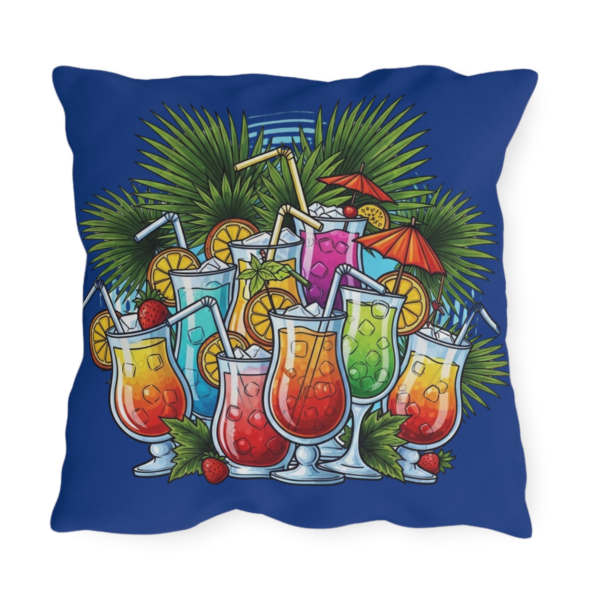 Pillow with colorful tropical drinks design on a blue background