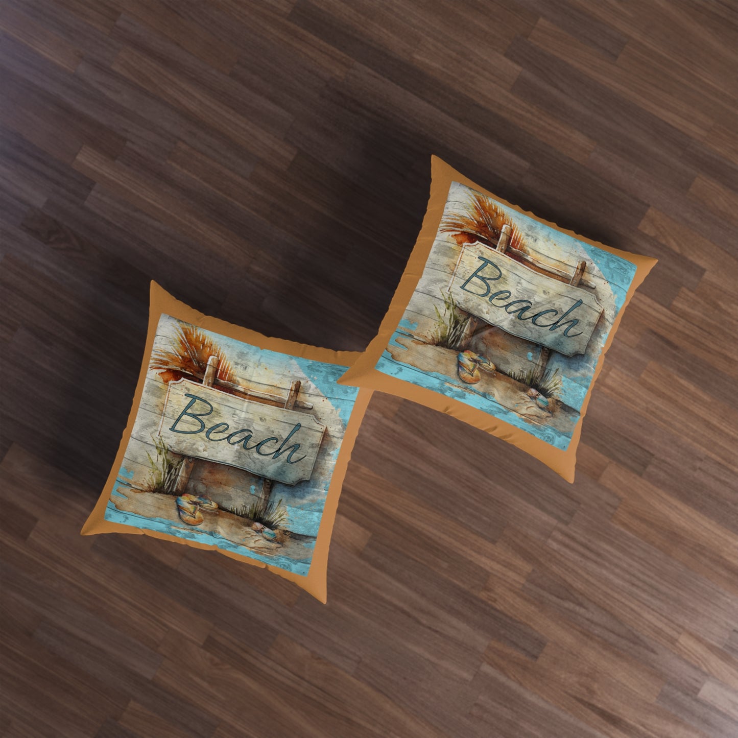 Rustic Beach Sign Brown Tufted Floor Pillow, Square on Caribbean Rays