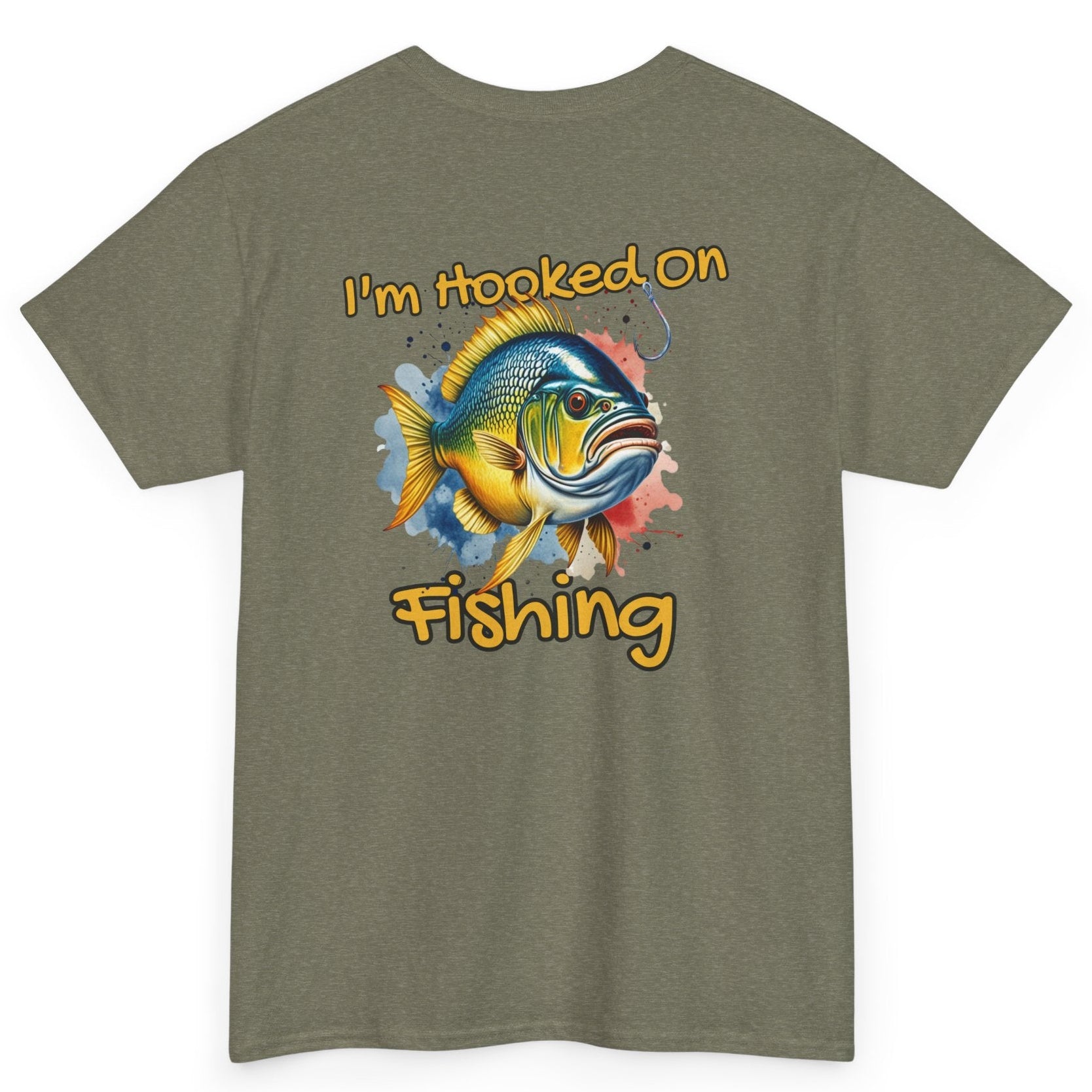 Green t-shirt with a fish graphic and text 'I'm Hooked on Fishing' on a white background