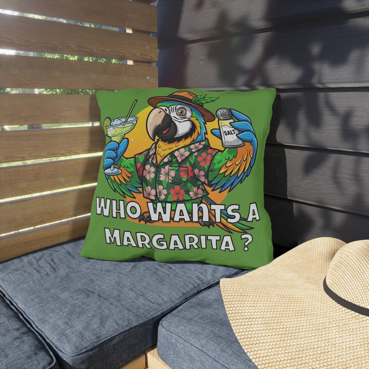 Parrot Margarita Outdoor Pillow — "Who Wants a Margarita?" Tropical Patio Cushion