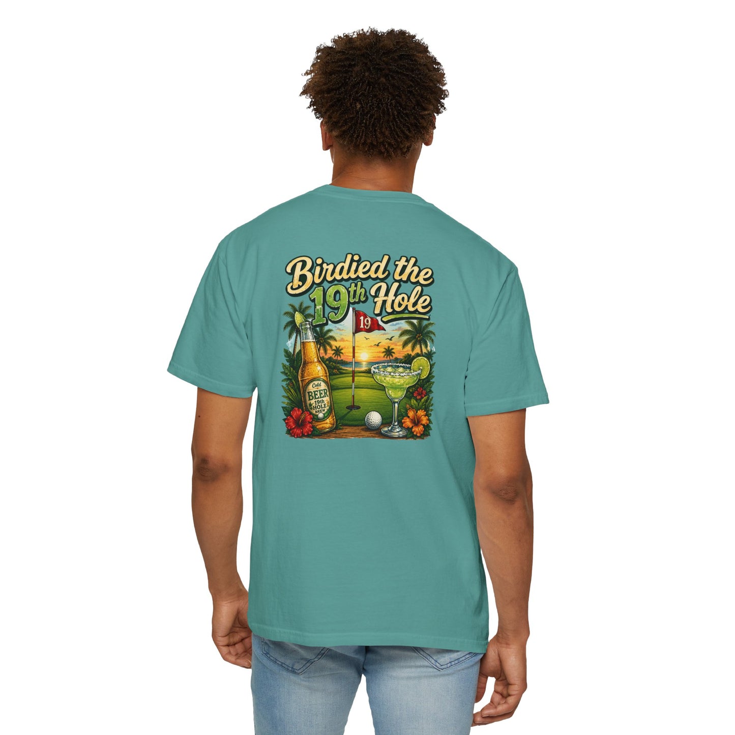 Golf T-Shirt — 'Birdied the 19th Hole' Tropical Golf Beer Design