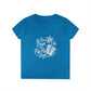 Women’s v-neck t-shirt in blue with beach graphic of flip flops and palms