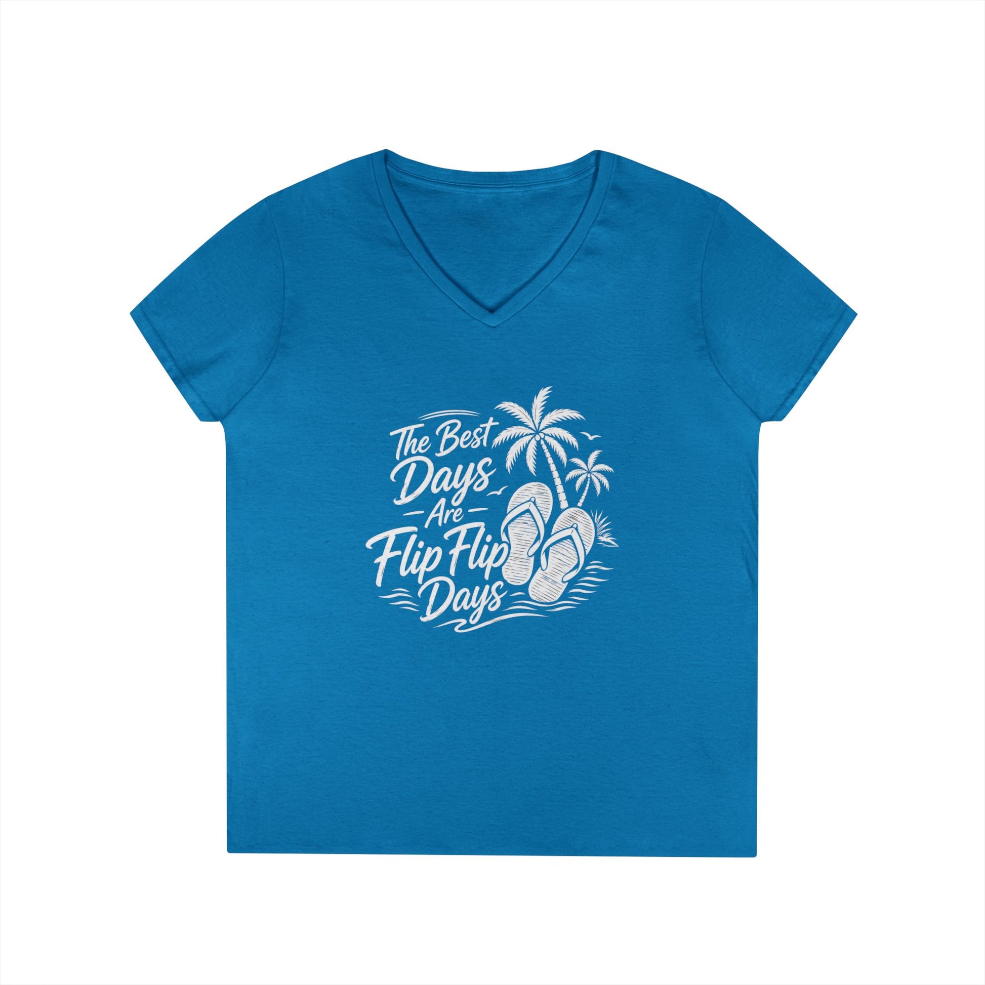 Women’s v-neck t-shirt in blue with beach graphic of flip flops and palms