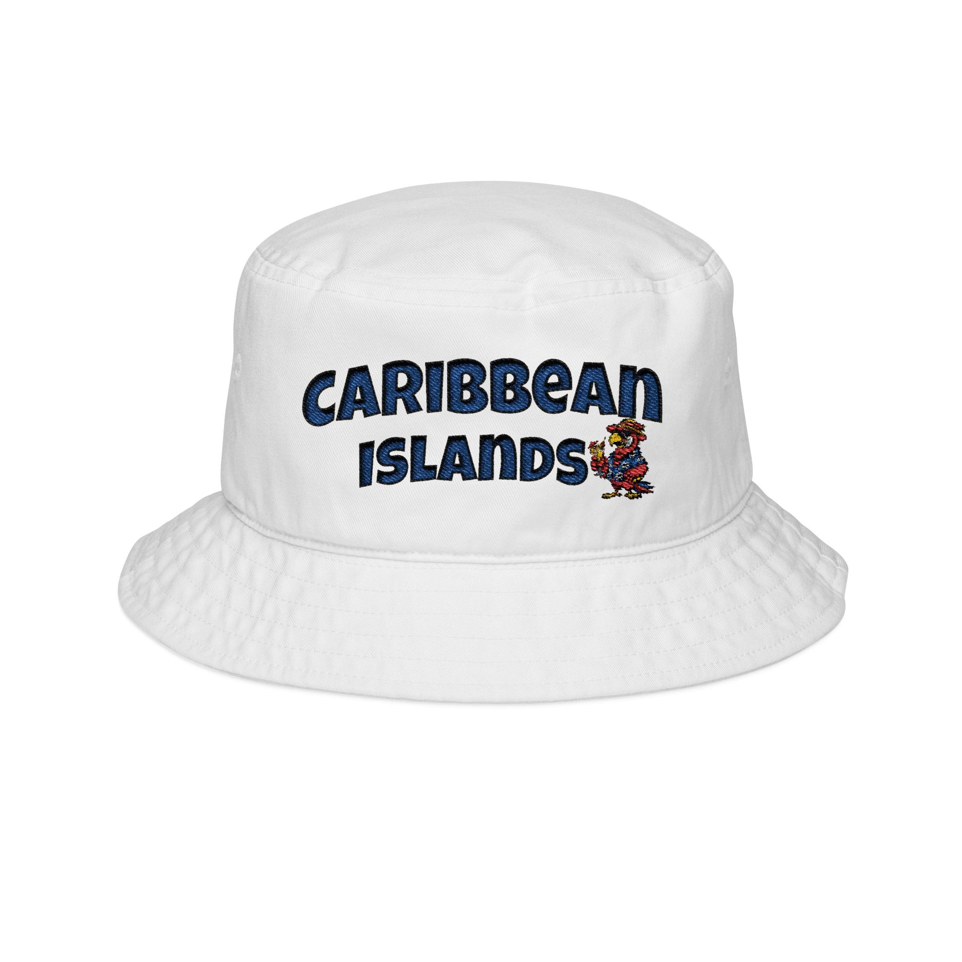 White bucket hat with 'Caribbean Islands' text and logo on a white background