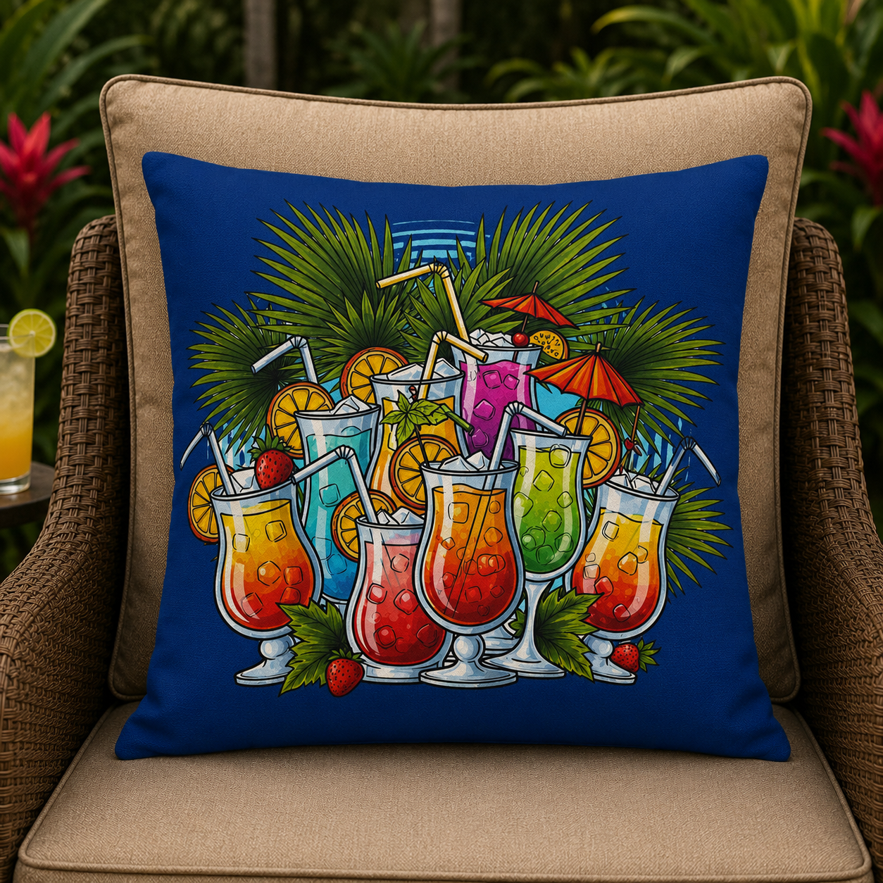 Navy Blue Tropical Cocktail Outdoor Pillow