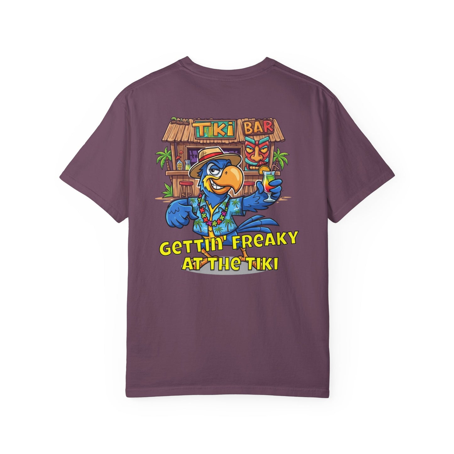 Purple t-shirt with a colorful tiki bar graphic and text on the back