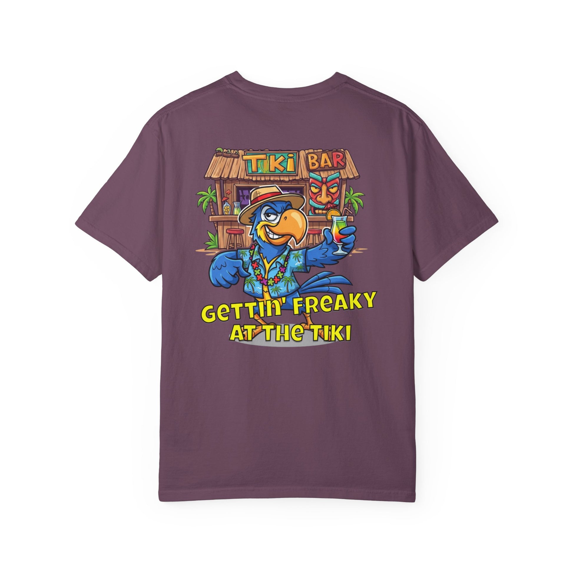 Purple t-shirt with a colorful tiki bar graphic and text on the back