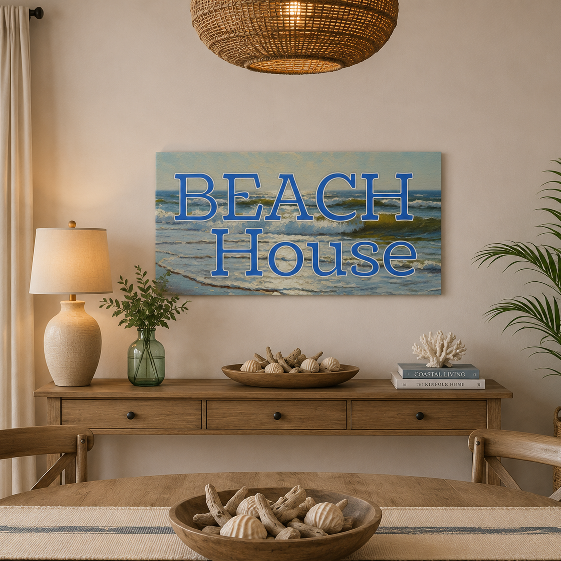 Dining room with 'Beach House' sign above a wooden table.